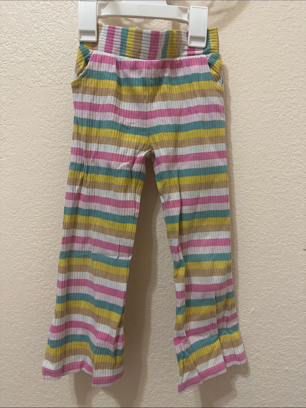 3/20$ Kids Striped Ribbed Flared Pants - Pink, Yellow & Teal